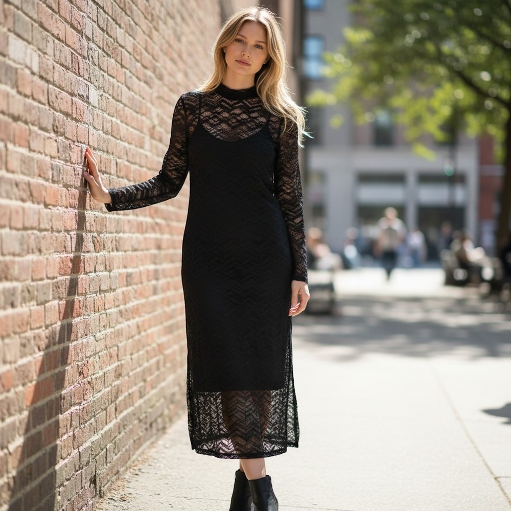Steve Madden Dress Women's XL Black Sheer Lace Chevron Mock Neck Midi